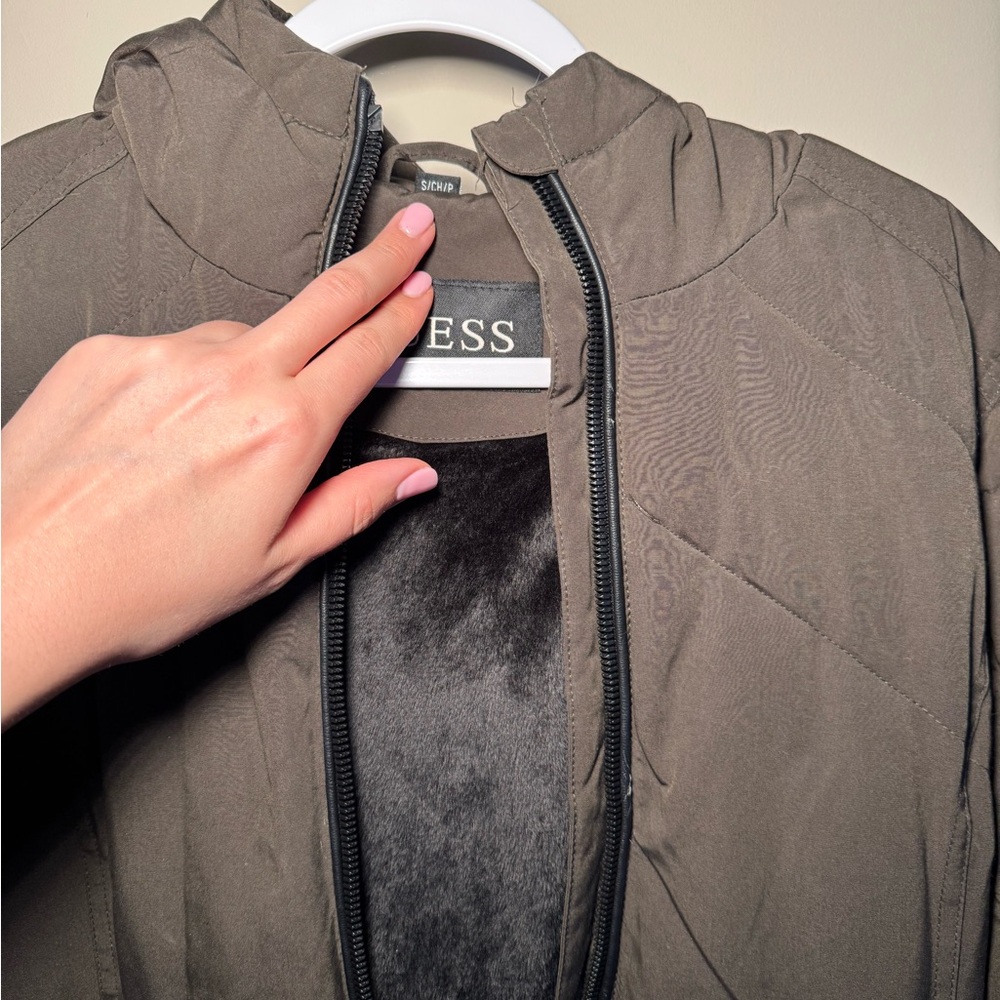 Guess Knee Length Puffer Coat in Khaki with Faux Fur Hood, Size S